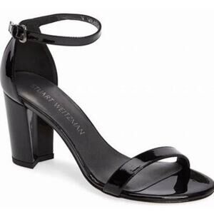 Stuart Weitzman Nearlynude Ankle Strap Sandal Patent Leather Block Heels, Black